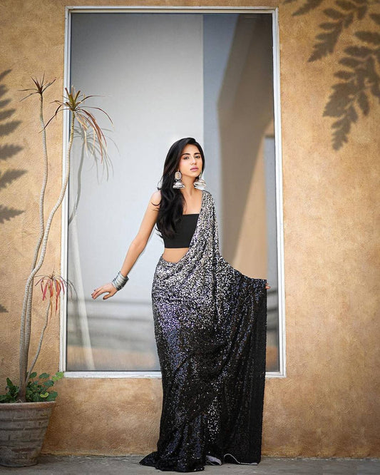 Silver and black sequins saree with stitched blouse