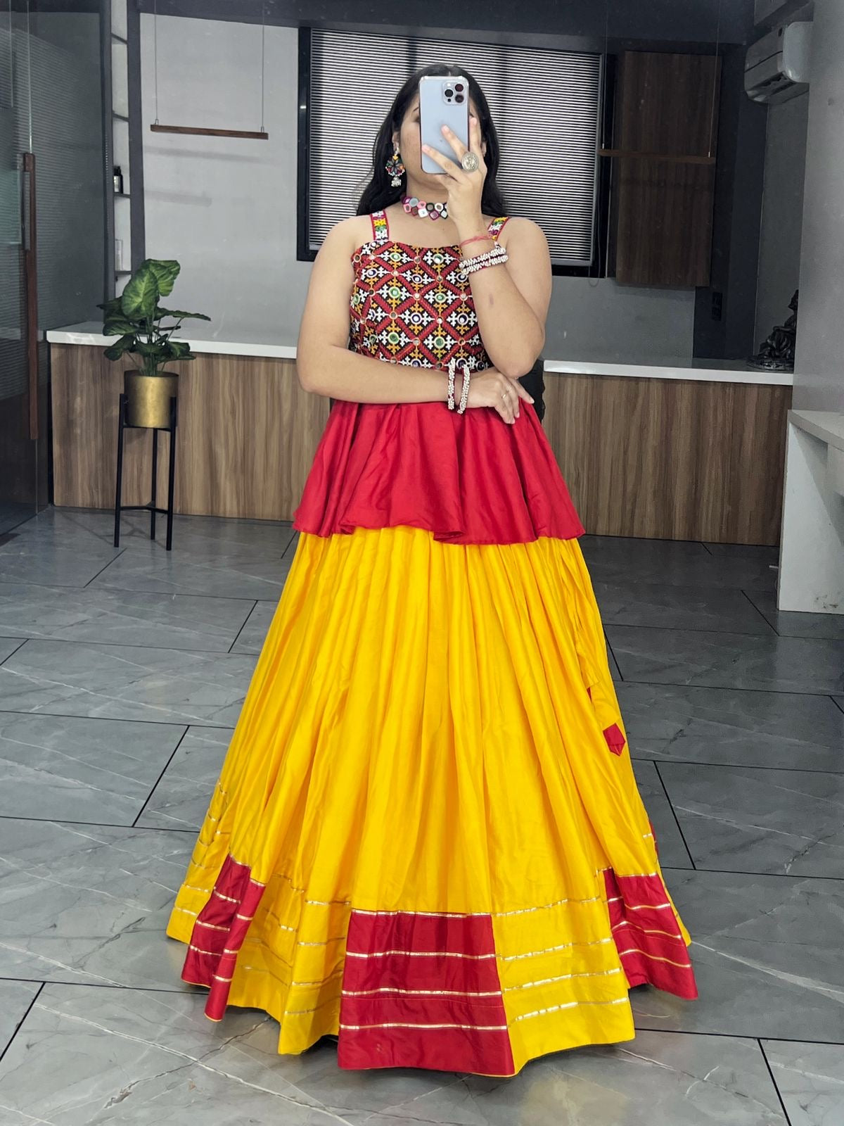 Yellow & Red Navratri Special Kediya Top with Chaniya Unique Style Fully Stitched