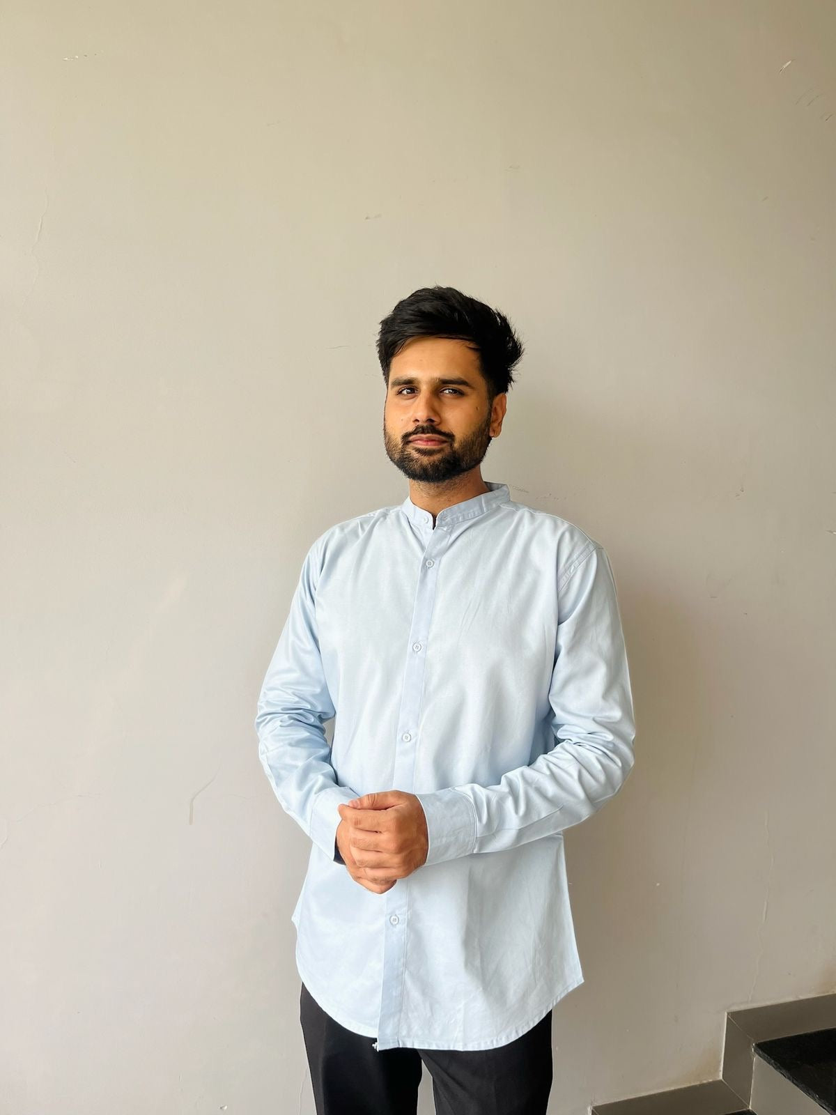 Mandarin Collar Men's Pure Cotton Plain Shirts for Formal Occasions