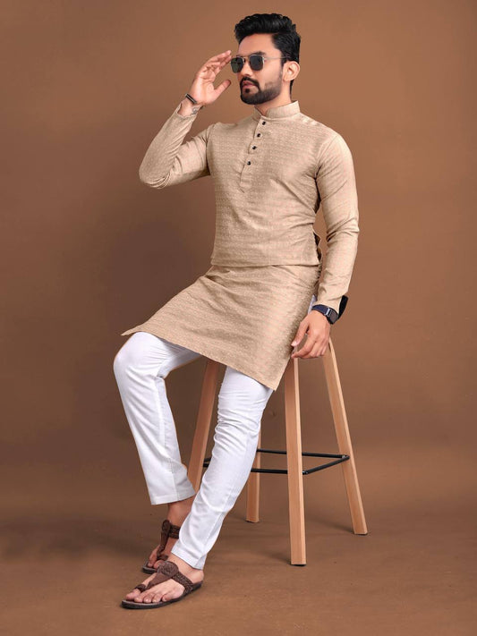 Pastel Brown Men's kurta Weaving style jaquard fabric with pure Cotton Pajama