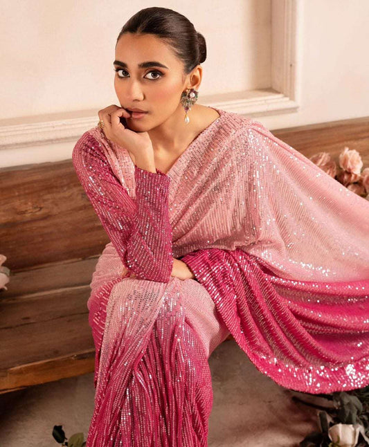 Dual tone barbie pink georgette saree with sequins and stitched blouse