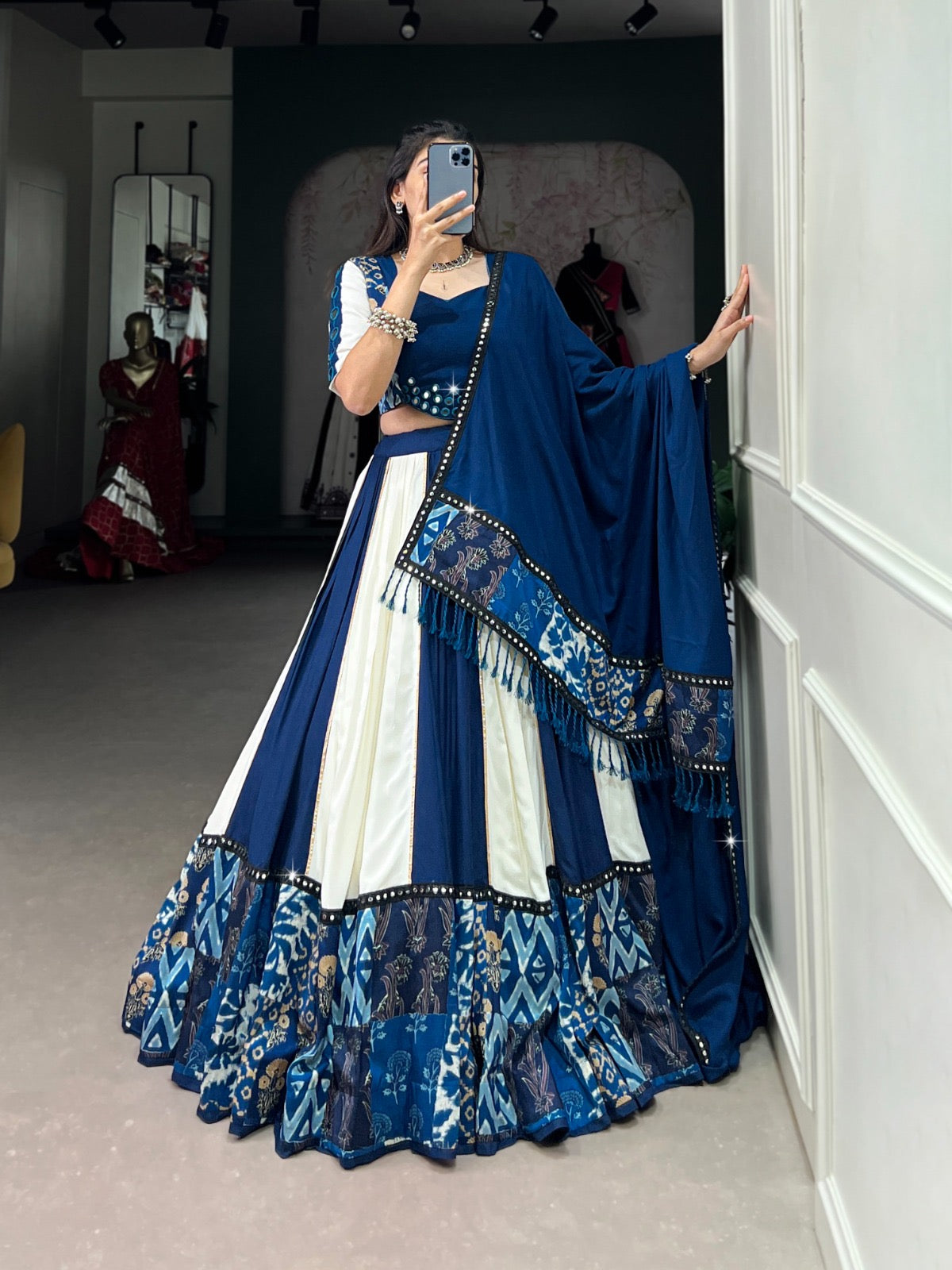 Mithudi - Premium Rama Pure Cotton Rayon MIRROR Work Chaniya Choli for Navratri