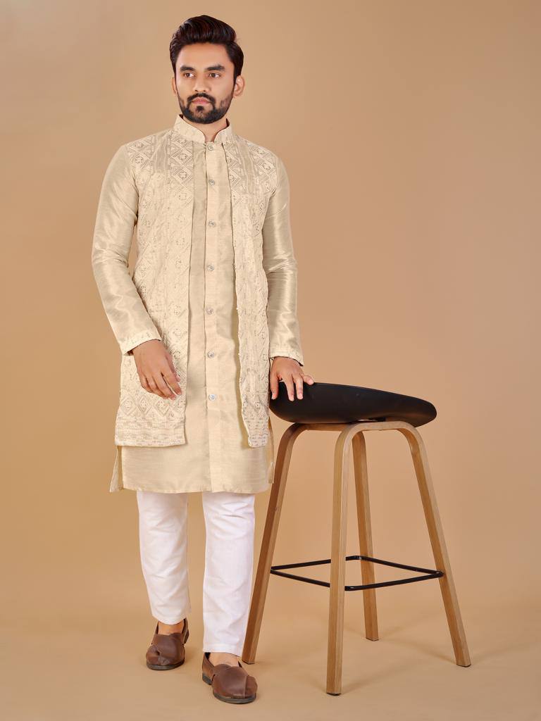 Beige Men's Indo western style koti kurta with pajama