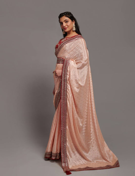 Premium Cream Chinon Saree with fully stitched Blouse
