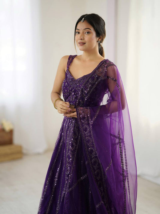 Jamun Purple Premium Net Lehenga Fully Stitched