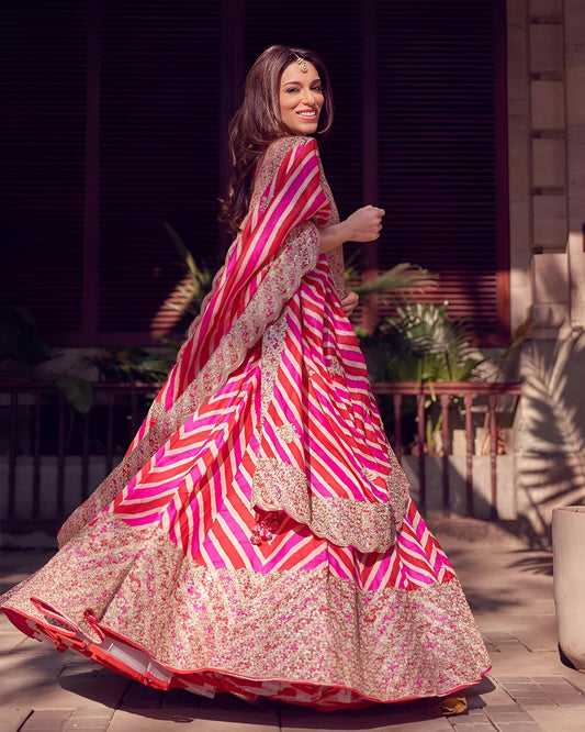 Multi Coloured Soft Georgette Fully Stitched Lehenga