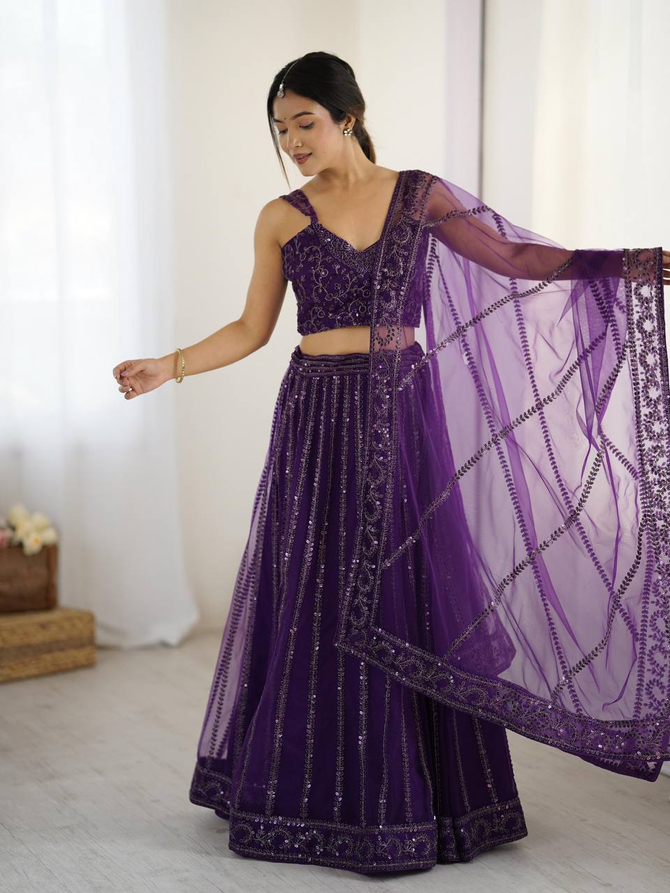 Jamun Purple Premium Net Lehenga Fully Stitched