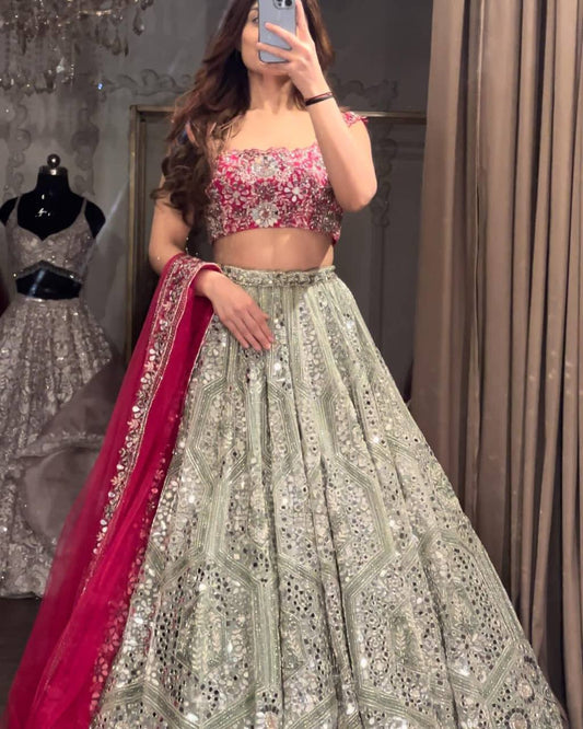 Grey Pink Shimmering Lehenga Fully Stitched as per your requirements