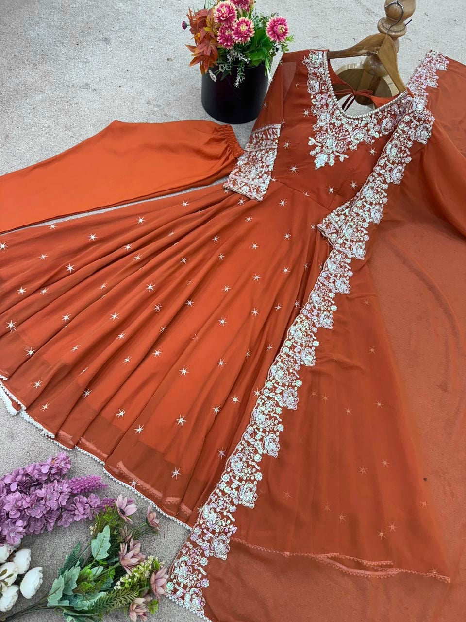 Dark Orange Premium Faux Georgette Anarkali Gown with Beautiful Work Fully Readymade