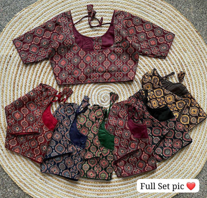 Brown Pure Cotton kalamkari print readymade blouse front hook