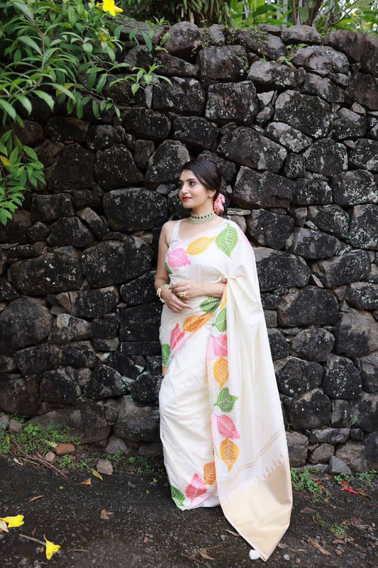 Soft silk leafy design saree with stitched blouse