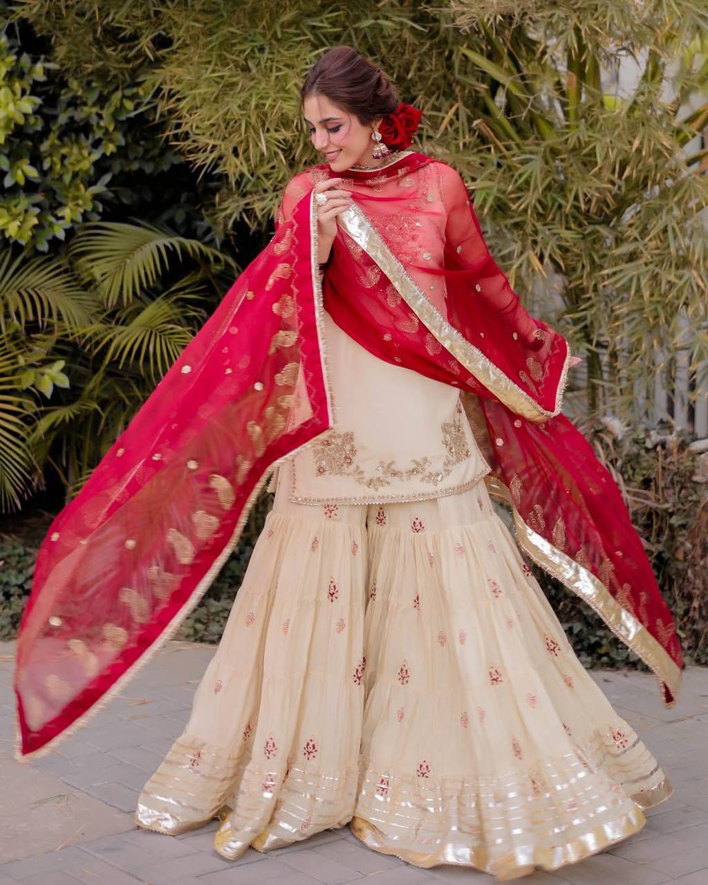 Cream & Pink Beautiful Embroidered Classic Sharara Suit Fully Stitched