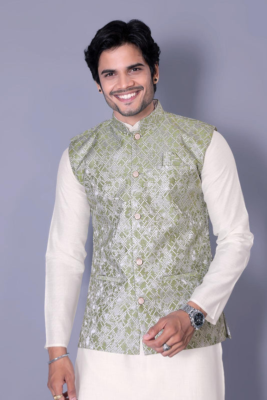 Traditional Indian Koti Kurta Set for Men - Mehendi Colour