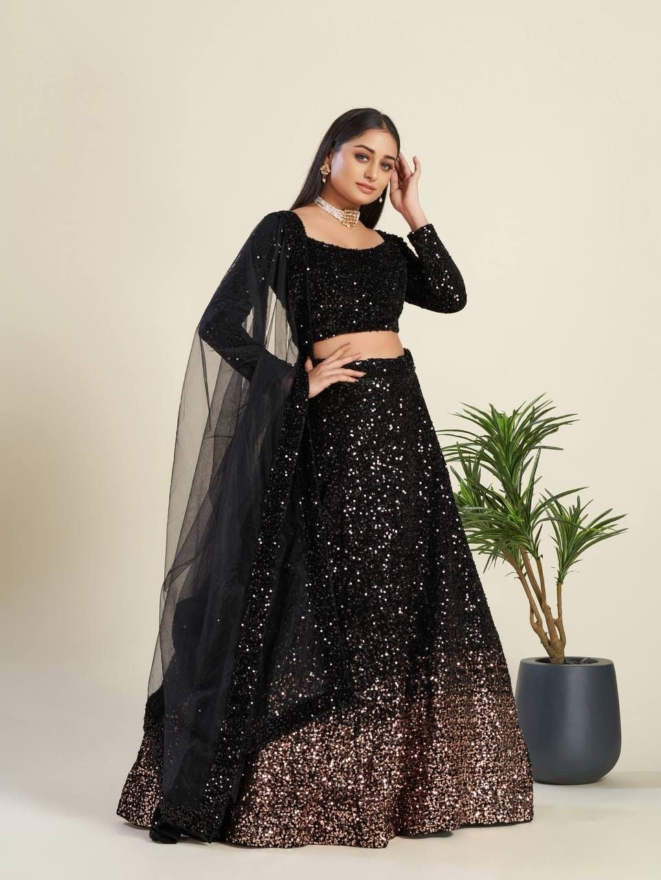 Bahaar - Black and Gold dual tone fully sequenced Lehenga fully stitched