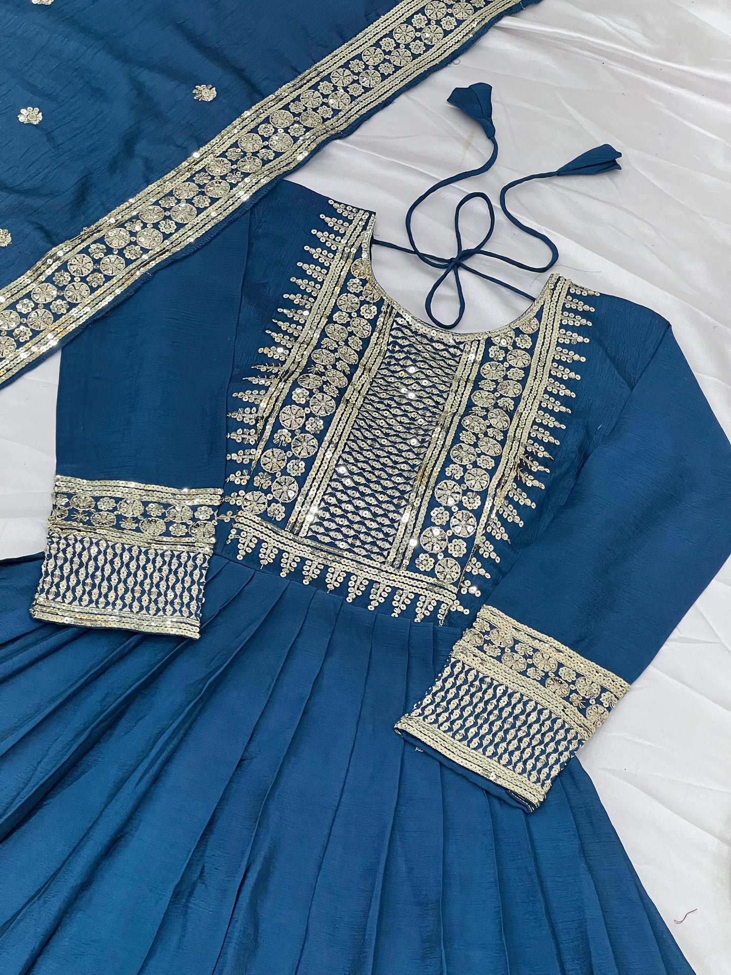 Harshita - Premium Silk Turquoise Gown with Sequins Work Fully Stitched