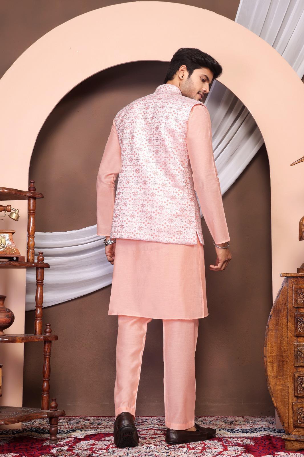 Peach Stylish Kurta with Koti for Wedding & Festive Looks - Men's Wear