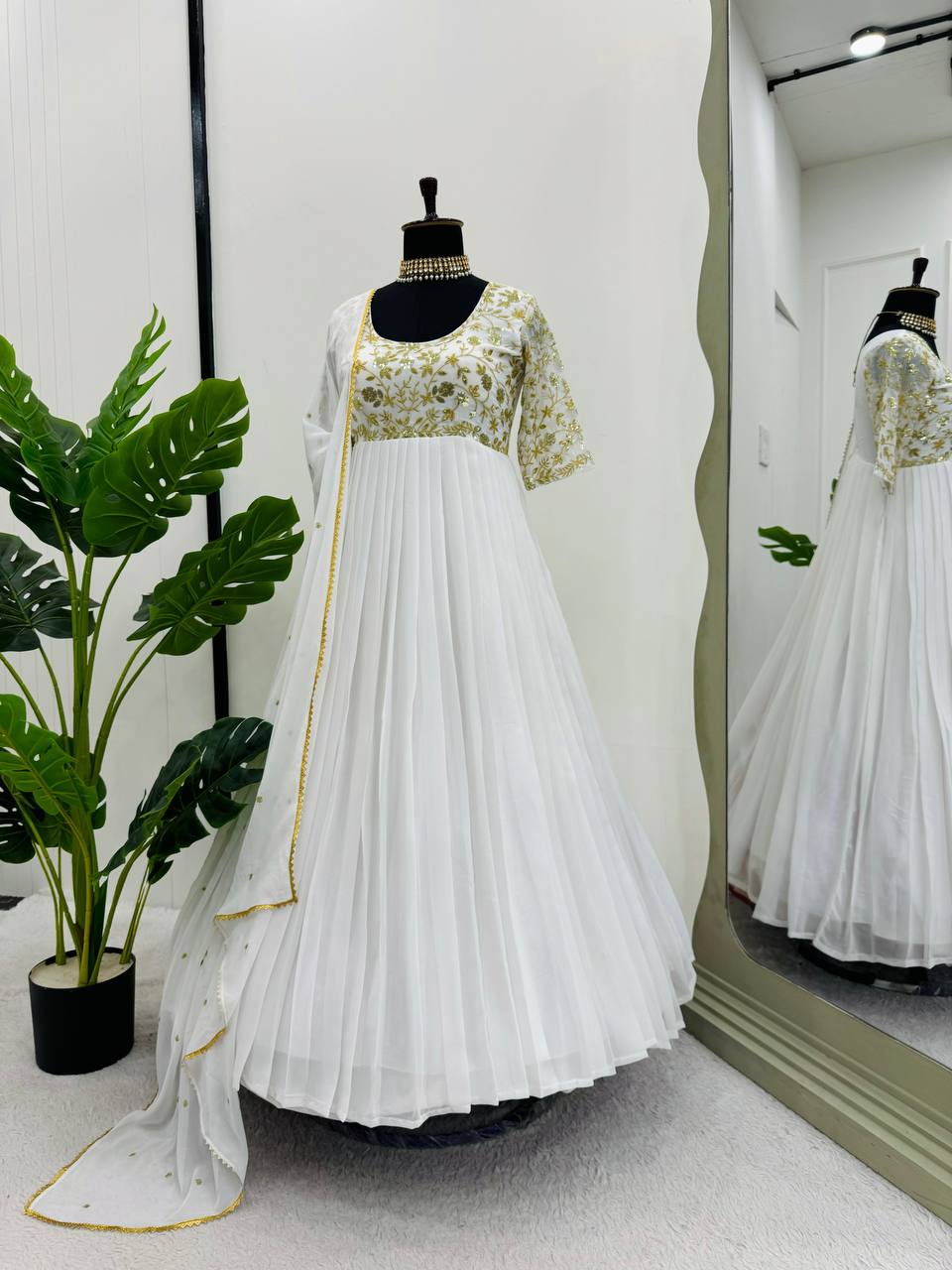 Premium Off White Neck Embroidered Silk Anarkali Dress