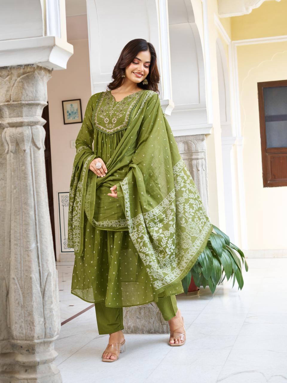 Vasant Vibe by Kiara - Beautiful Mehendi Cotton Anarkali Readymade Suit