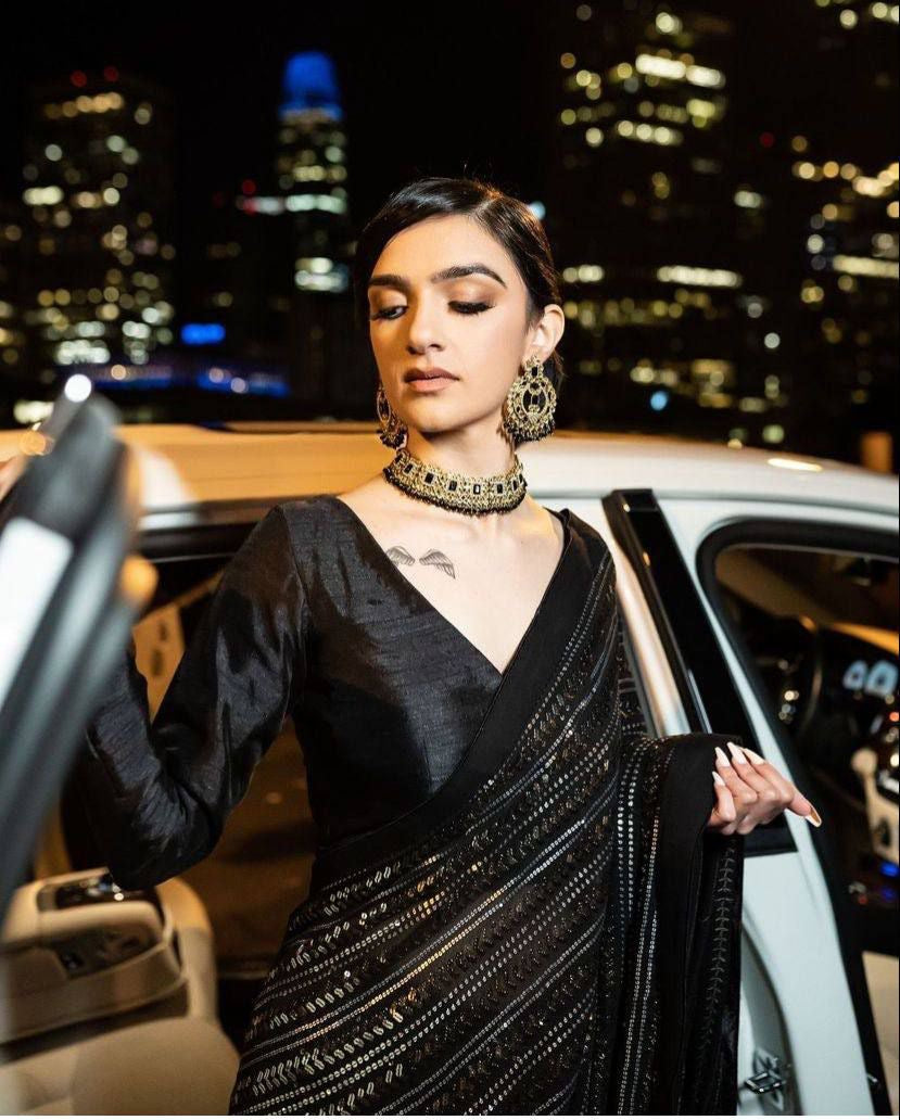 Bollywood style saree with fully stitched blouse and sequins work all over it