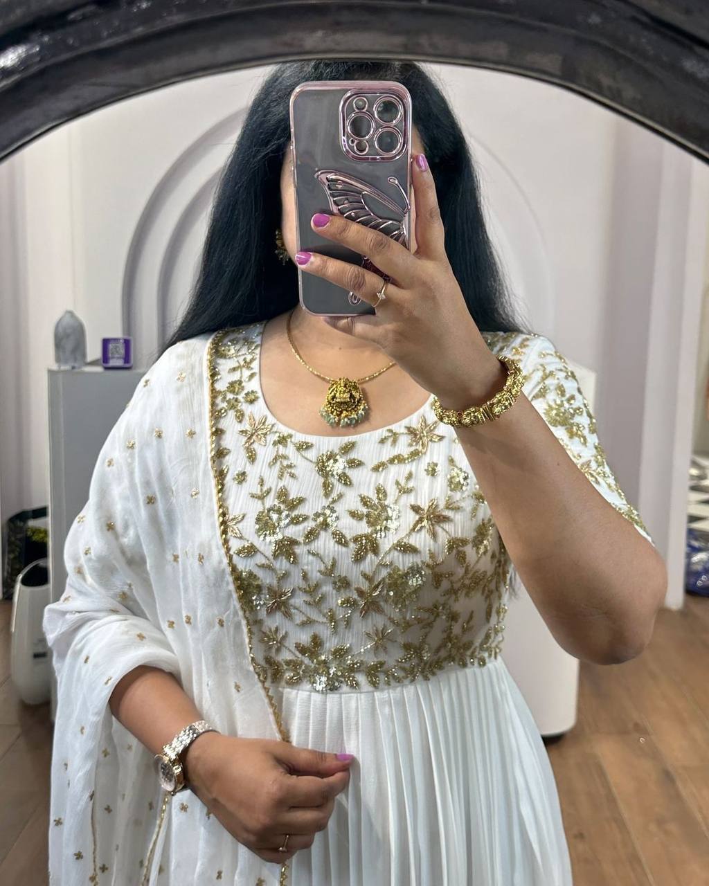 Premium Off White Neck Embroidered Silk Anarkali Dress