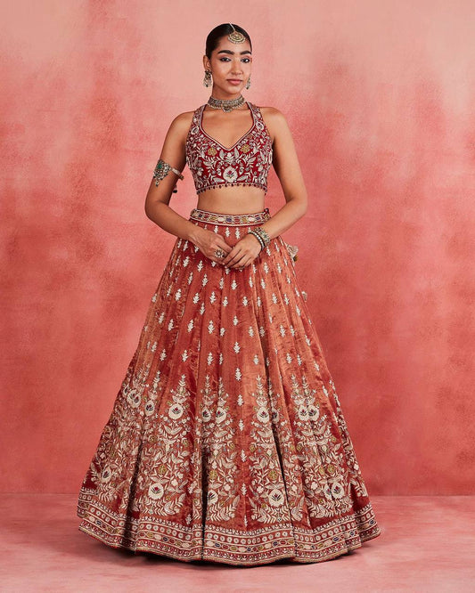 Peach and Red Beautifully Crafted Georgette Fully Stitched Premium Lehenga