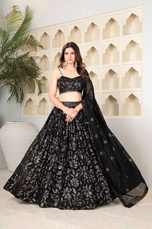 Black Georgette with Beautiful Sequins Work All occasions Fully Stitched Lehenga