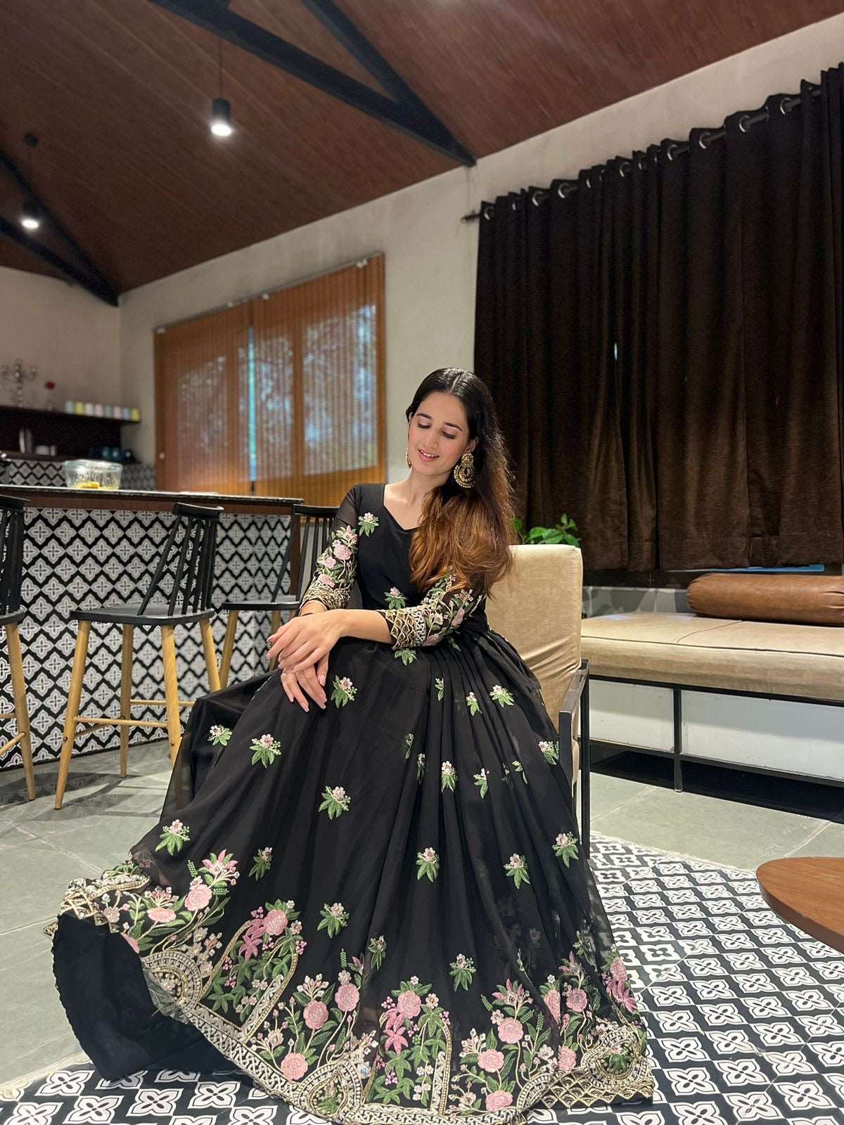 Black embroidered Gown fully stitched