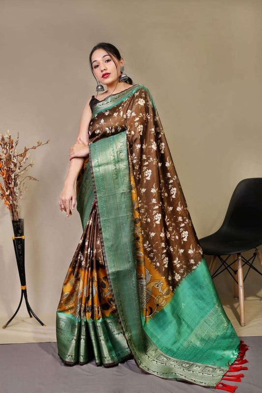 Kanchipuram style digital floral saree with stitched blouse