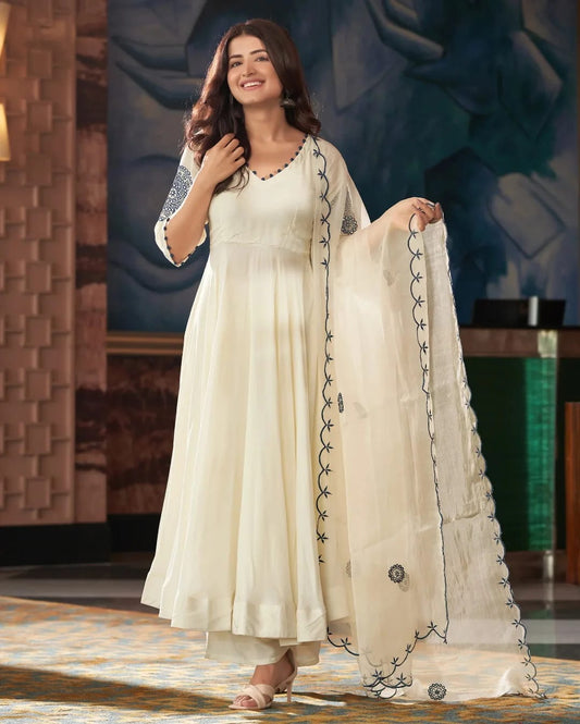 Timeless Off White Cotton Anarkali Suit Fully Stitched