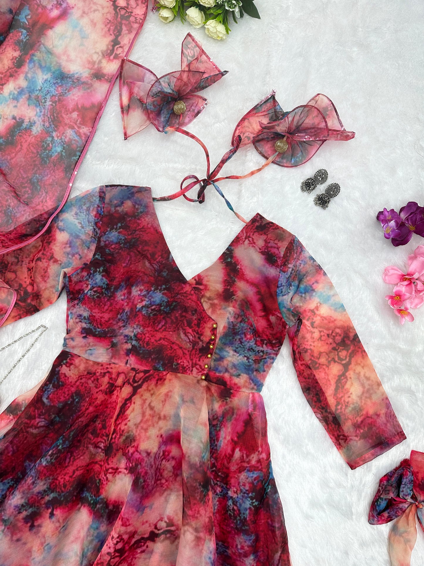 Multicoloured Printed Floral Organza Anarkali Suit