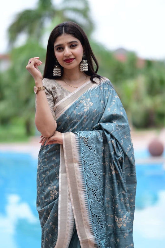 Evika - Premium Tussar Cotton Saree with Cut Work & Stitched Blouse
