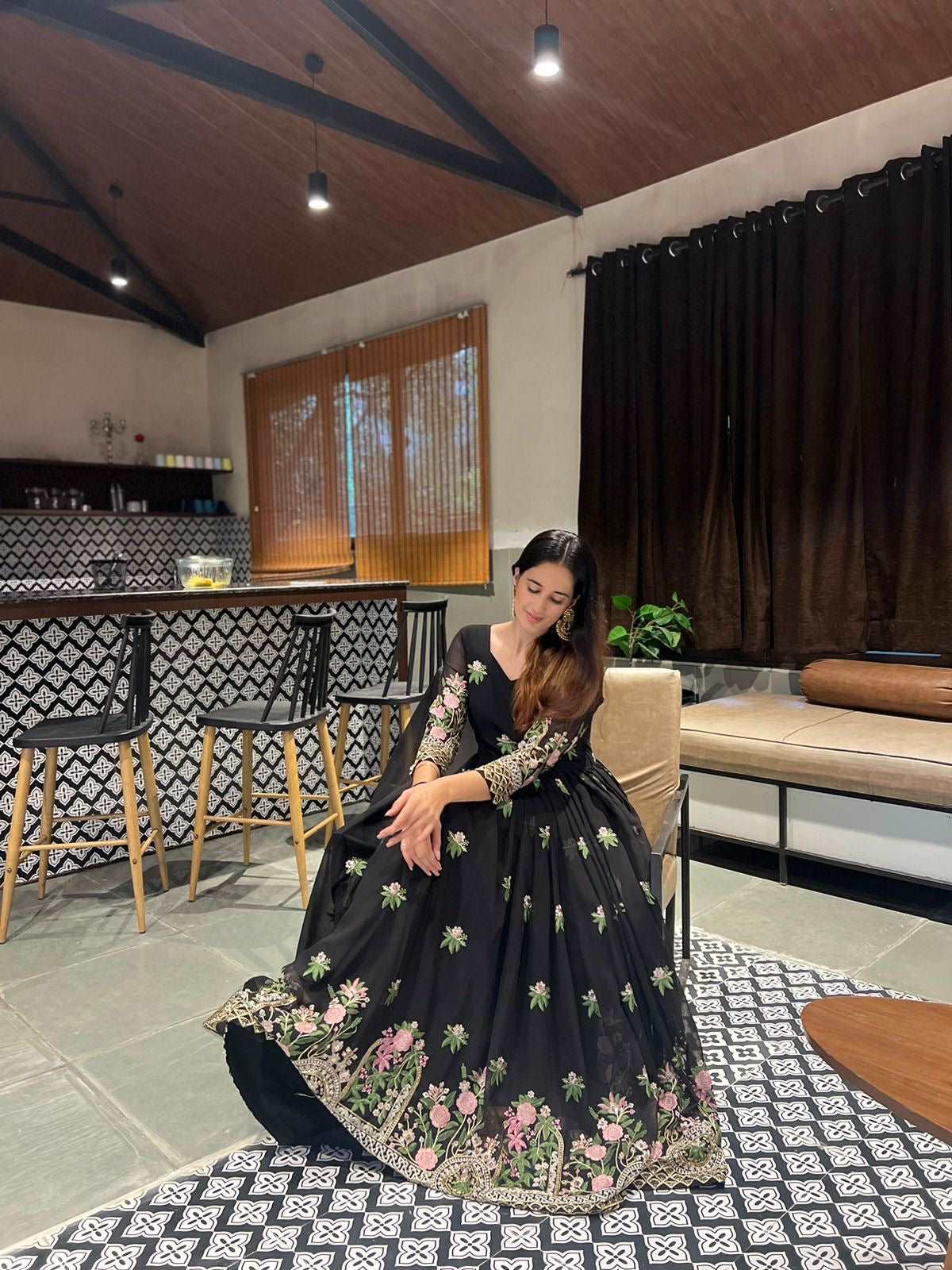 Black embroidered Gown fully stitched