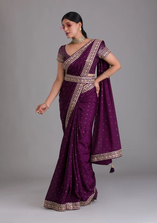Chinnon wine colour saree with fully stitched blouse