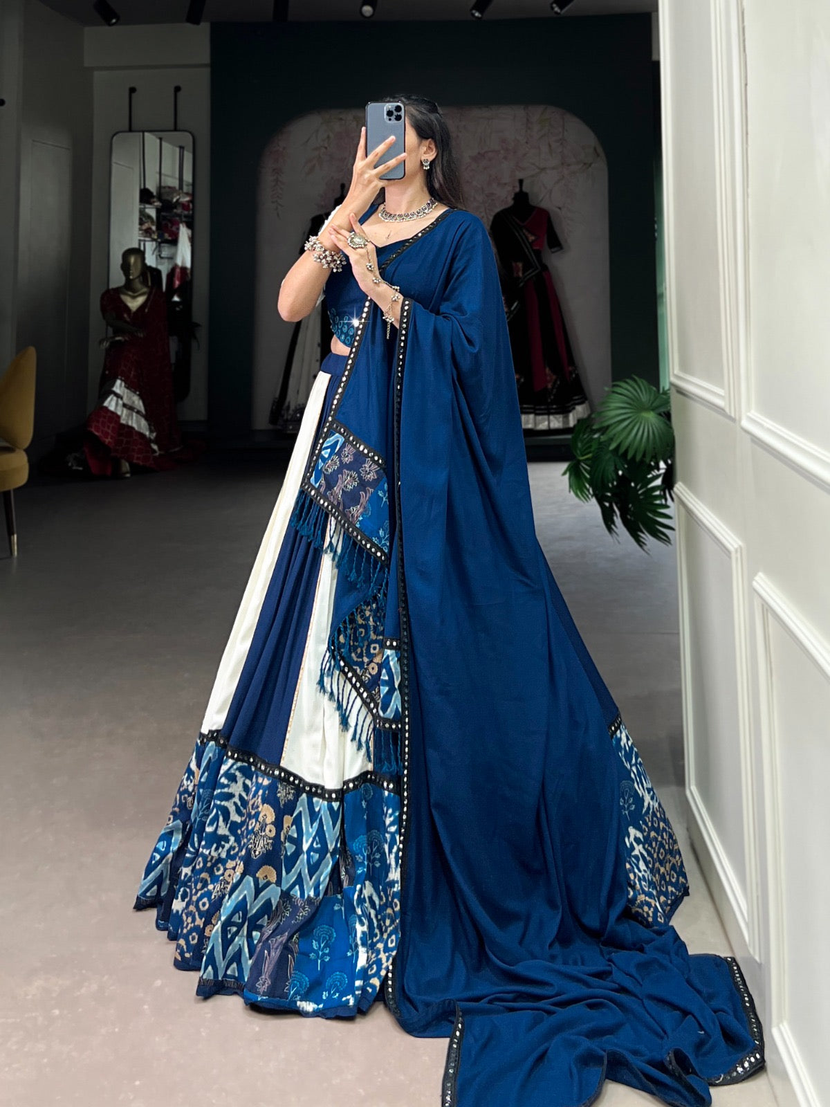 Mithudi - Premium Rama Pure Cotton Rayon MIRROR Work Chaniya Choli for Navratri