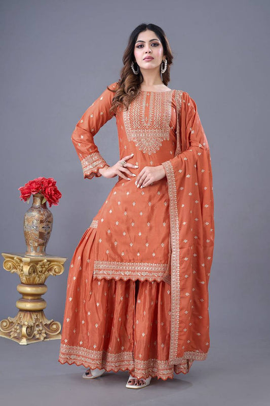 Embroidered & Butti Work Orange Sharara Set Fully Stitched