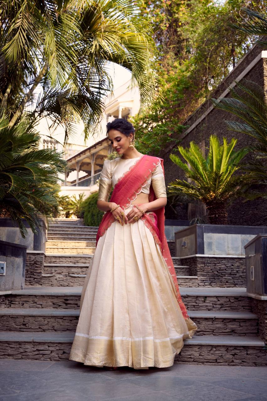White & Pink Elegant Silk Lehenga Minimal yet Classy Fully Stitched