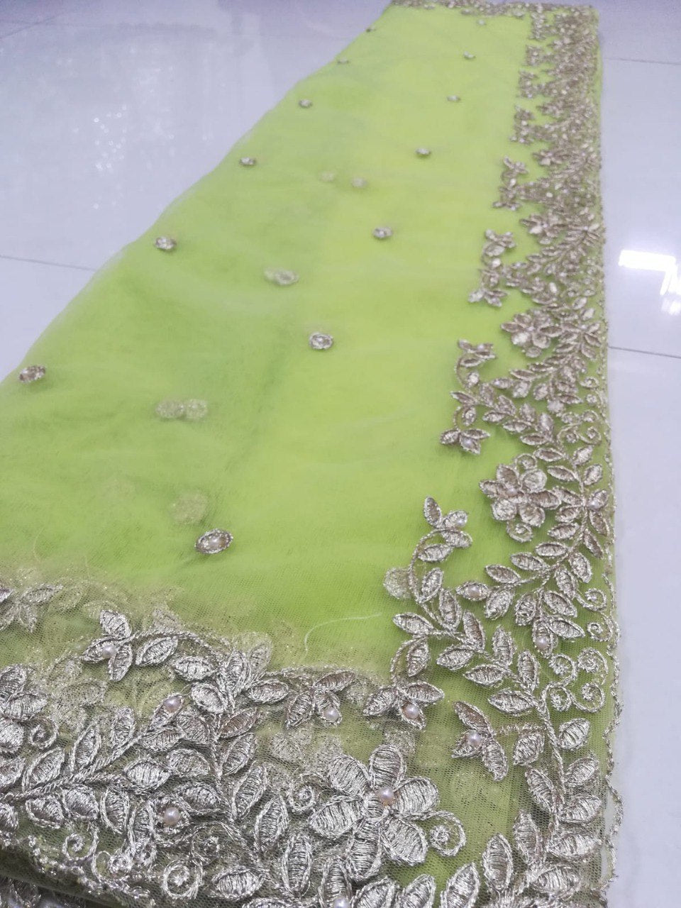 Parrot Green Bollywood Style Net Saree with Stitched Blouse