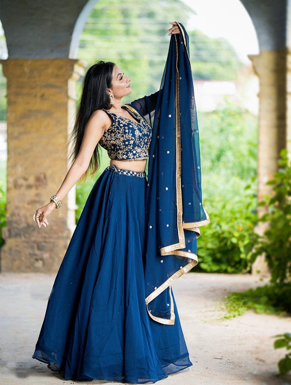 Rama Blue fully stitched Georgette Lehenga