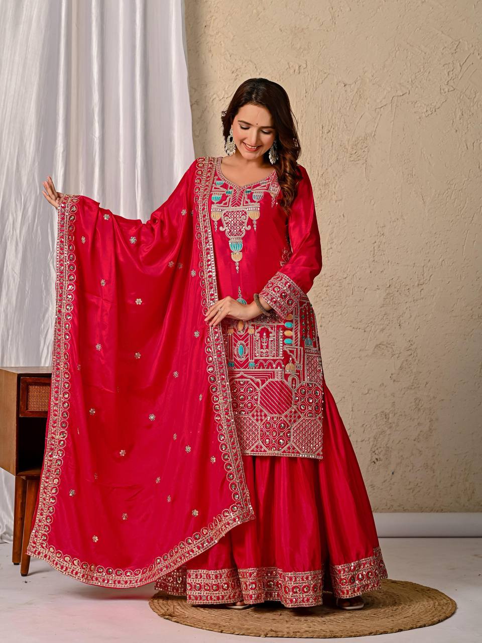 Cherry Pink Elegant Sharara Set Fully Stitched