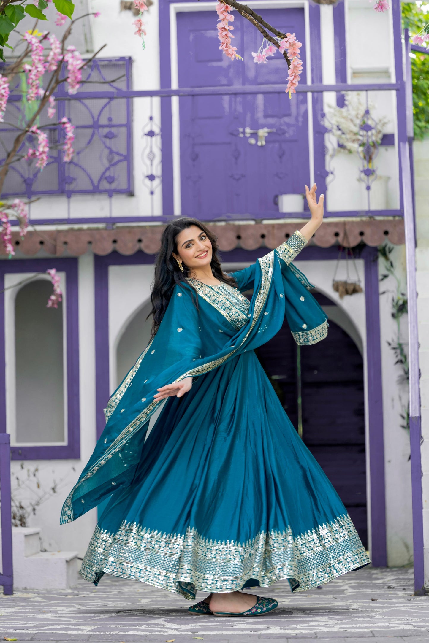 Harshita - Premium Silk Turquoise Gown with Sequins Work Fully Stitched