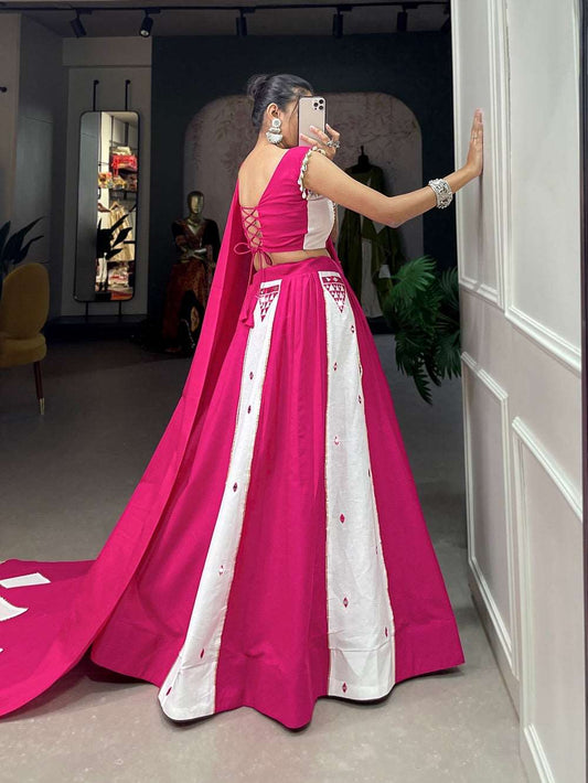 Nitara - Pure cotton Mehendi and Pink fully stitched lehenga