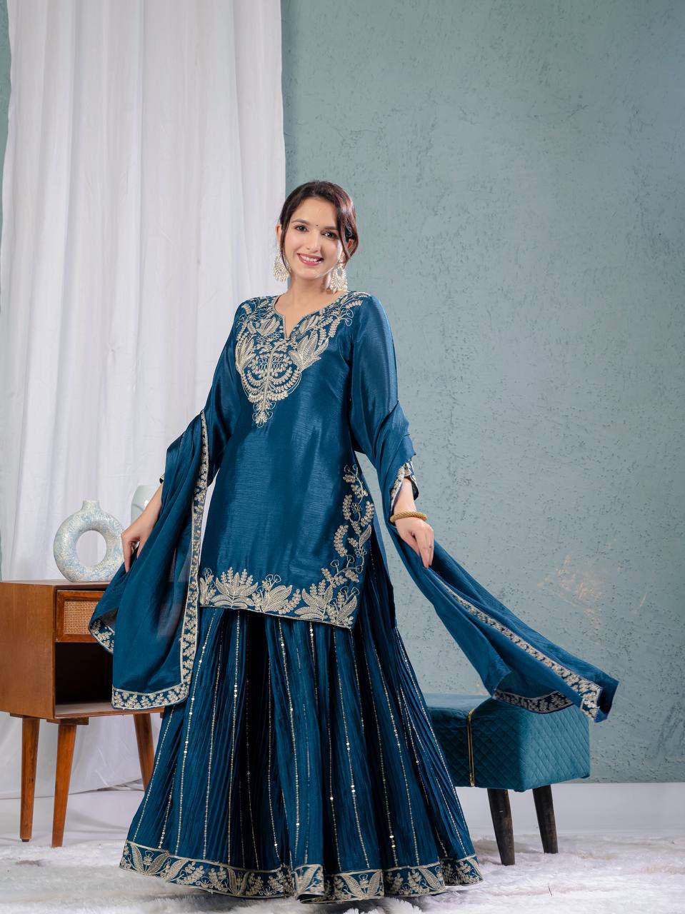 Pure Chinon Silk Embroidered Sharara Set in 4 beautiful Colours Fully Stitched