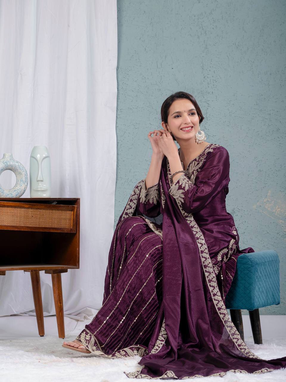 Pure Chinon Silk Embroidered Sharara Set in 4 beautiful Colours Fully Stitched