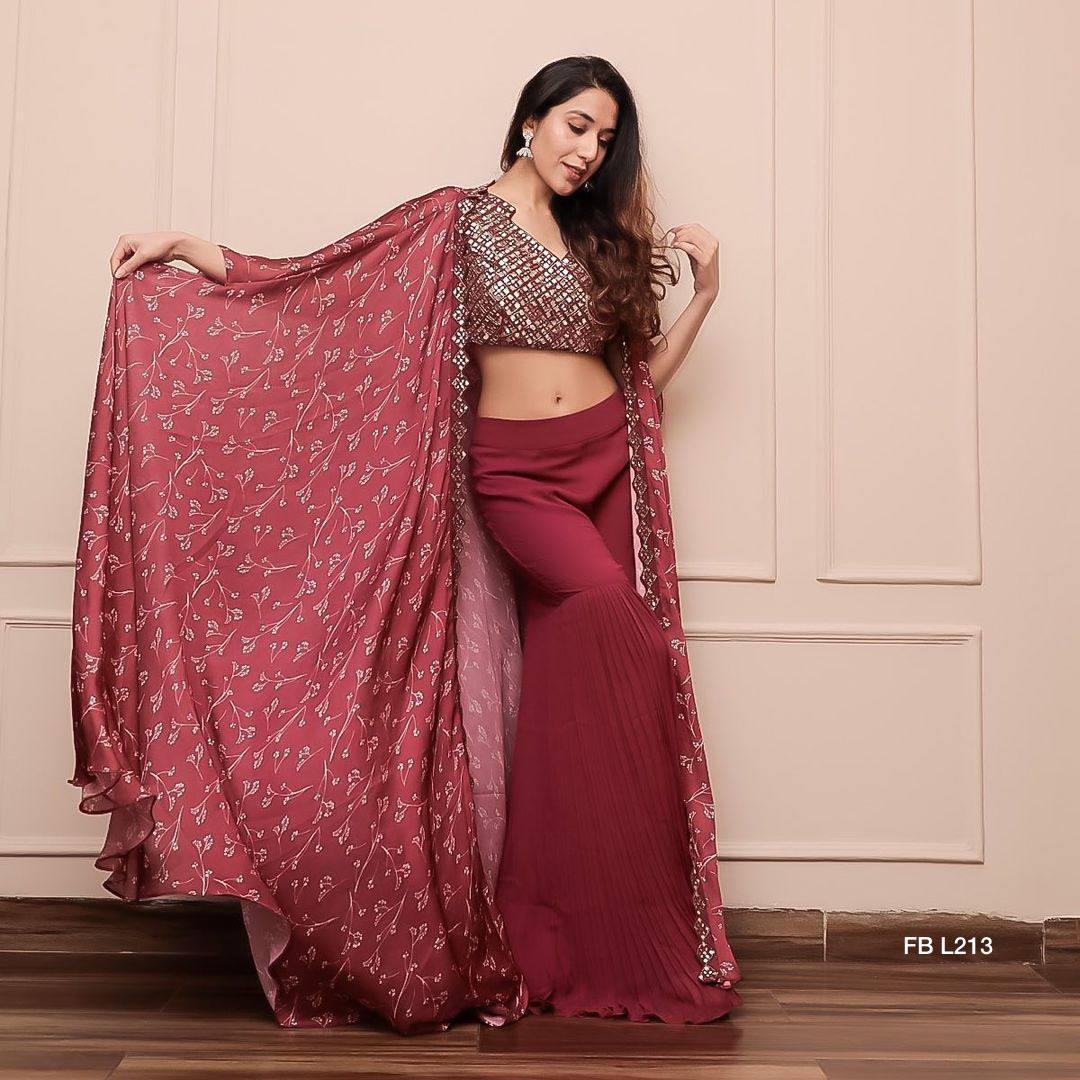 Satin silk Maroon fully stitched sharara set