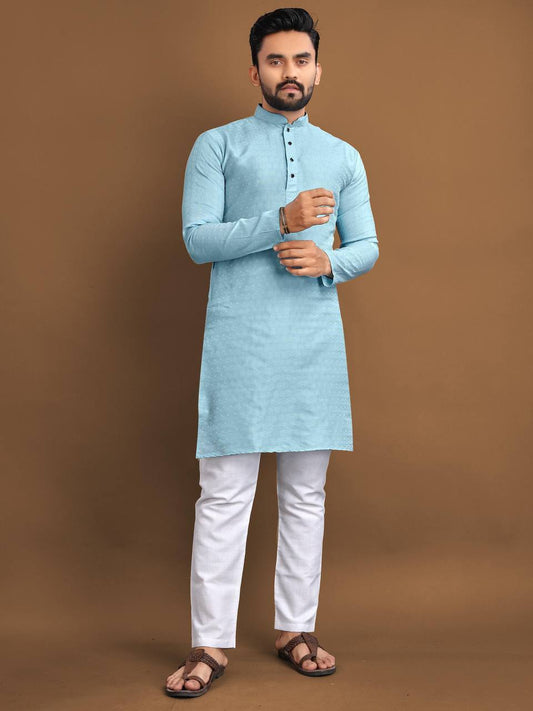 Pastel blue Men's kurta Weaving style jaquard fabric with pure Cotton Pajama