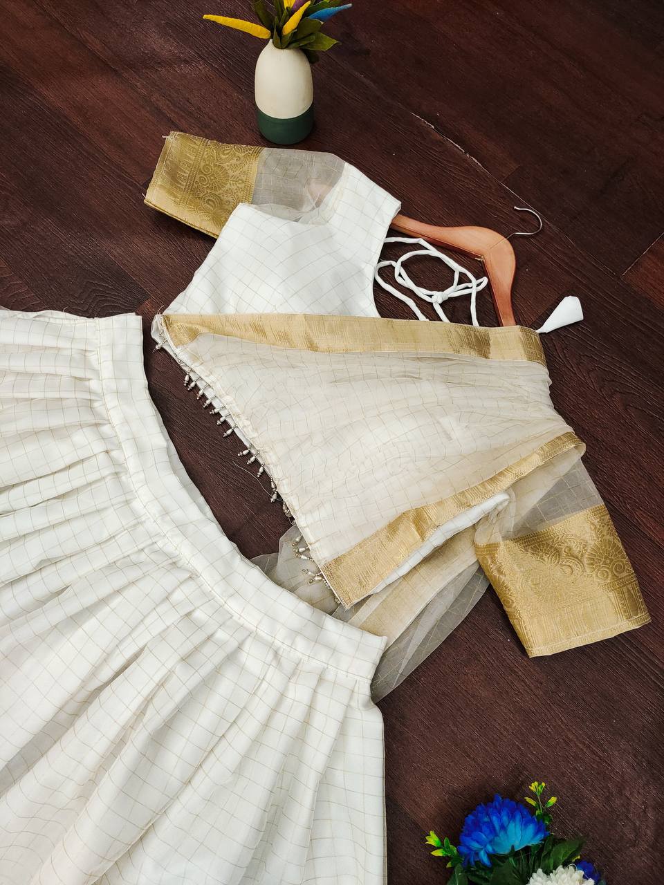 Premium off white organza fully stitched lehenga