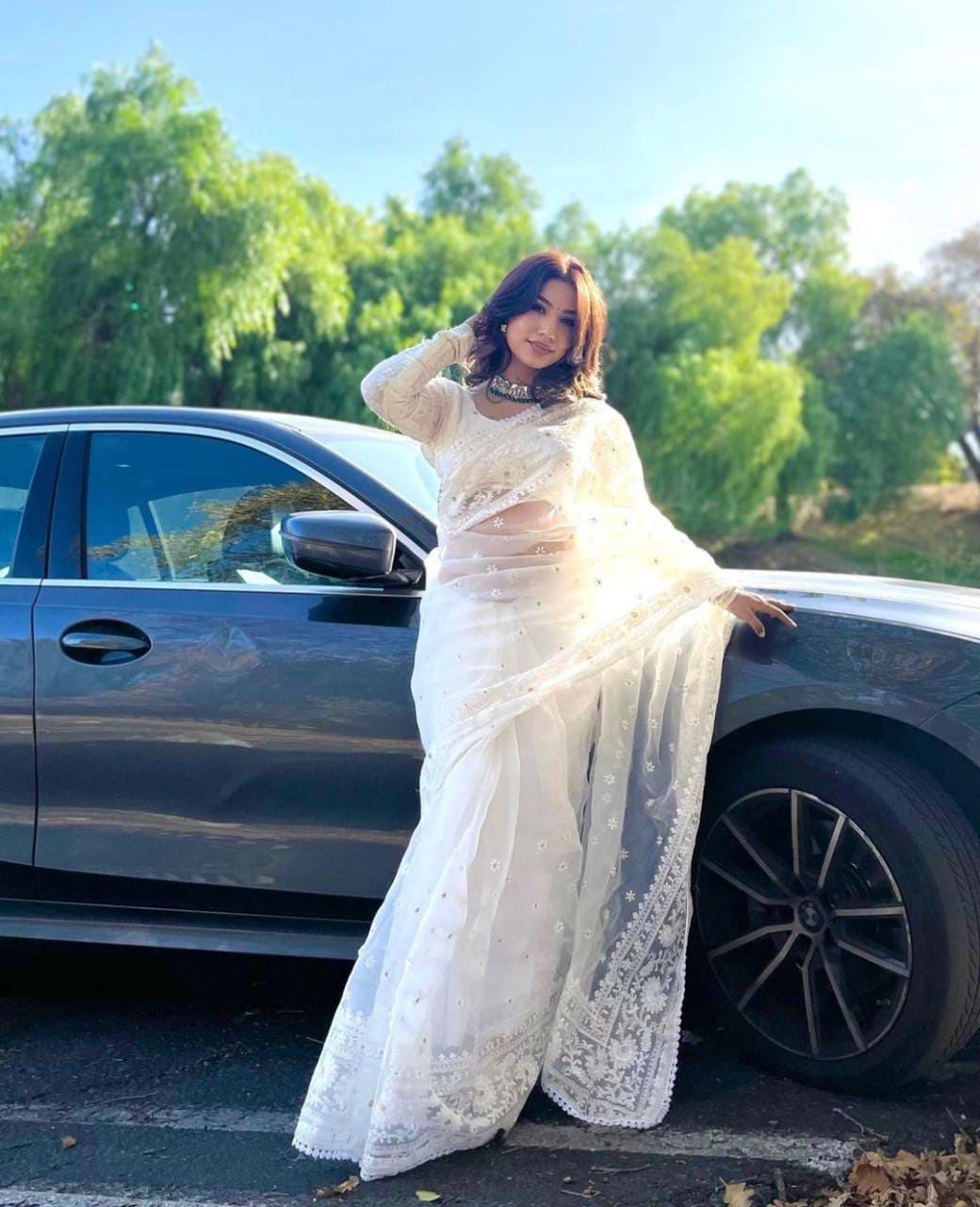 Soft white organza with embroidery work with fully stitched blouse