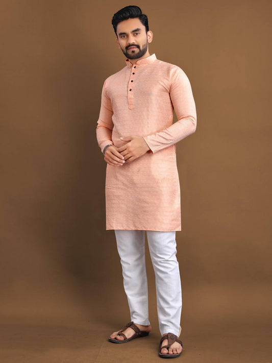 Peach Men's kurta Weaving style jaquard fabric with pure Cotton Pajama