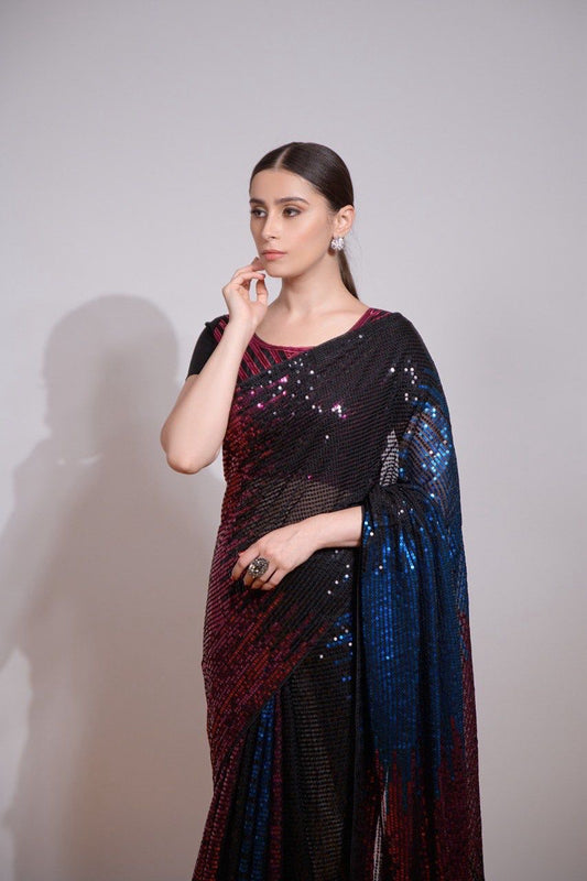 Red, Black and Blue Bollywood Style Fully Sequins shimmering Saree with Stitched Blouse