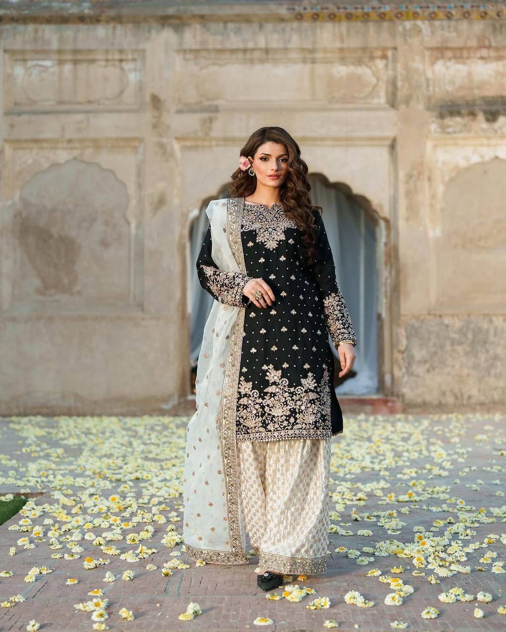 Black & White Heavy Embroidered Sharara Set Fully Stitched